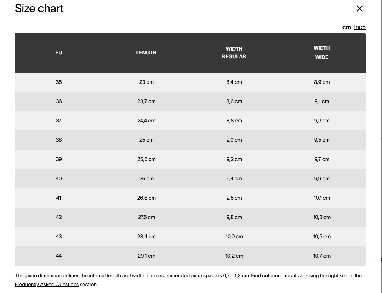 Size Chart - Enlarged